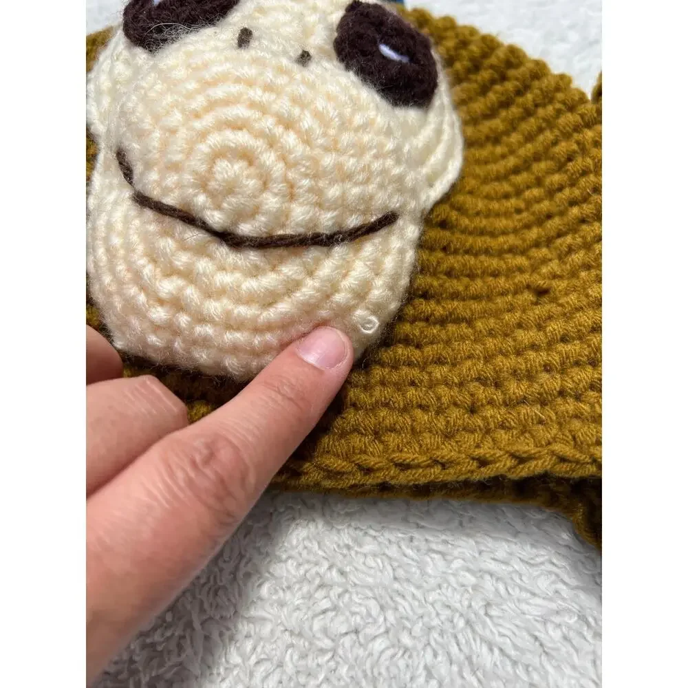 Handmade Monkey Hat Knit Bear Beanie Hat Brown Alpaca Fleece Lined 3D